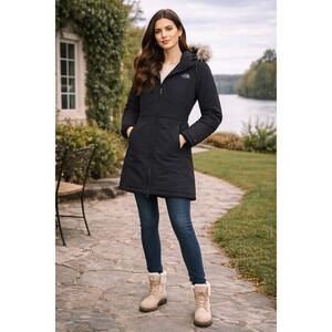 THE NORTH FACE Women's Parka Coat SMALL Goose Down Hooded Jacket Navy TNF